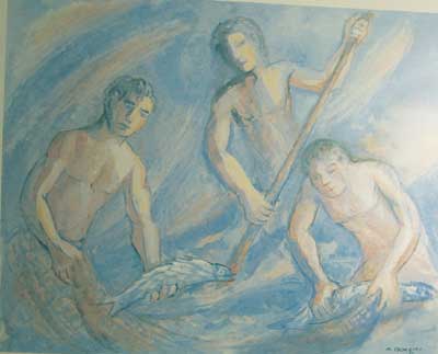 Pescadores, de Manuel Colmeiro Guimar&aacute;s, &oacute;leo.